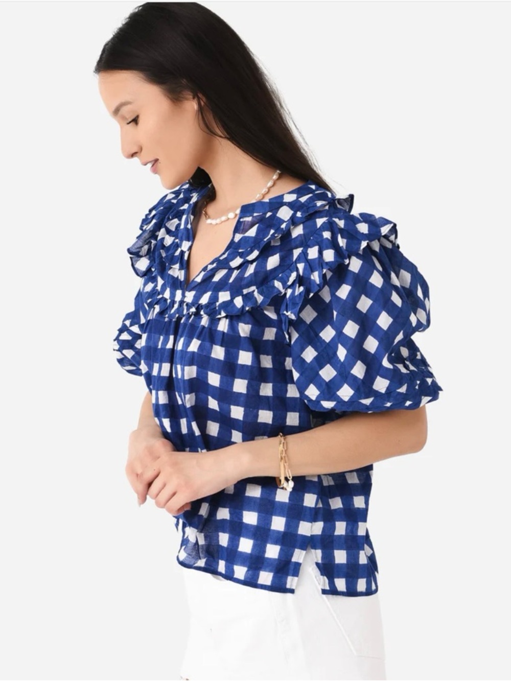 Cleobella Blue Check Gingham Ruffle V-Neck Top - Picture 4 of 9